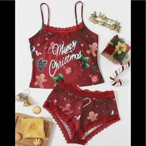 Christmas print lace trim pajama set